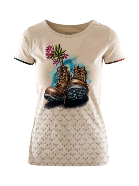 ANDRÉ ZECHMANN Flowerd Boots Damen kurzarm T-Shirt Beige Gr. 38/M